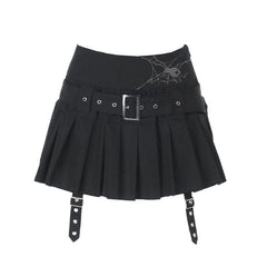 Pleated A line belt embroidery mini skirt