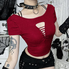 Hollow out short sleeve round neck solid cut out top
