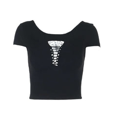 Hollow out short sleeve round neck solid cut out top