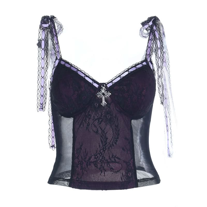 Lace v neck self tie cross applique cami top