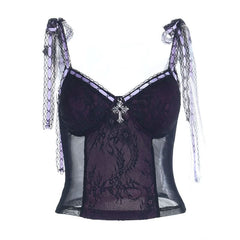 Lace v neck self tie cross applique cami top