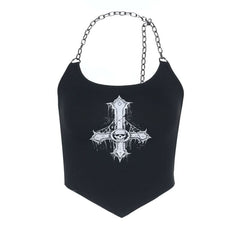 Metal chain halter u neck cross pattern top