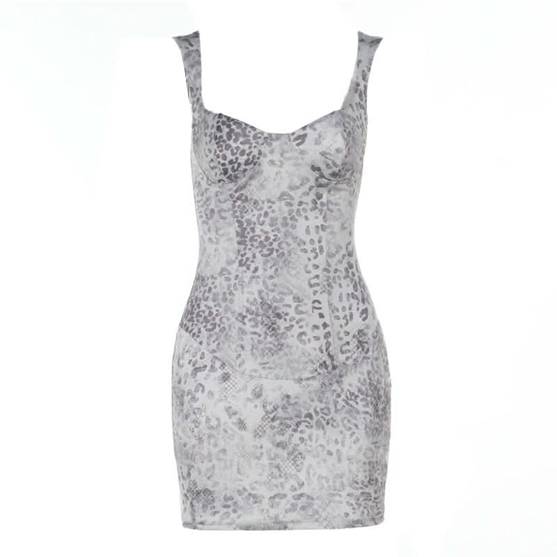 Leopard print v neck backless tank mini dress