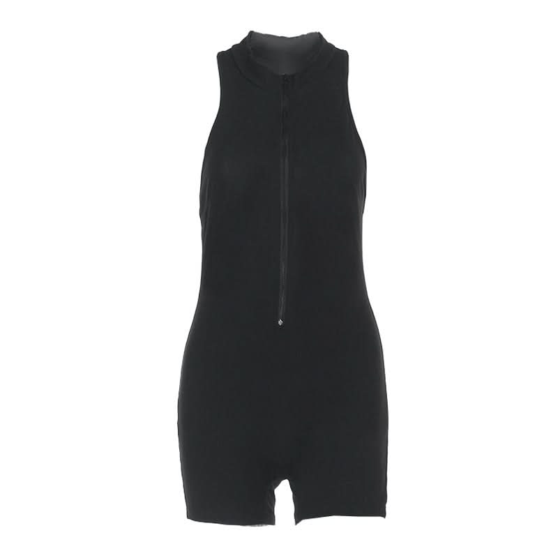 Zip-up ruched hollow out solid romper