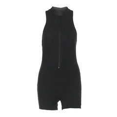 Zip-up ruched hollow out solid romper