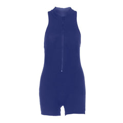 Zip-up ruched hollow out solid romper