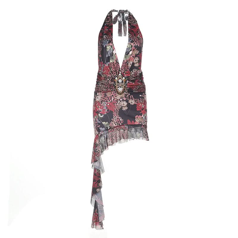 Irregular self tie halter deep v neck print mini dress