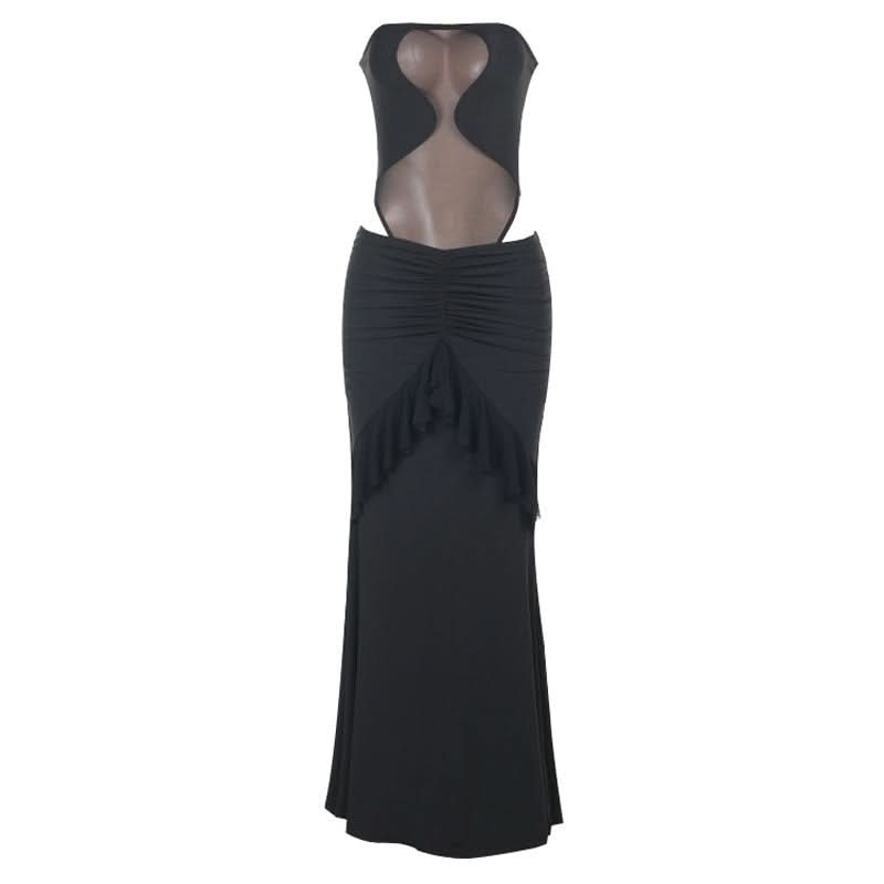 Mesh button ruched ruffle tube skirt set