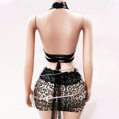 Leopard print halter hollow out skull applique cut out mini dress
