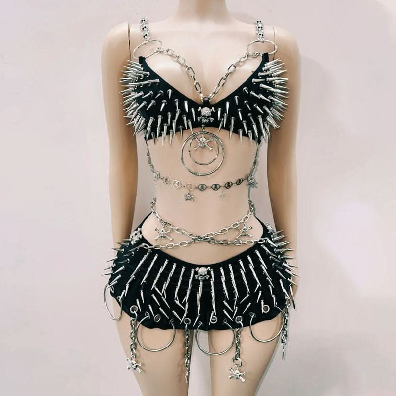 Metal chain rivet applique o ring cami mini skirt set