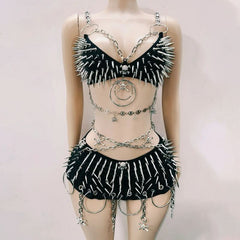 Metal chain rivet applique o ring cami mini skirt set