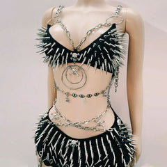 Metal chain rivet applique o ring cami mini skirt set