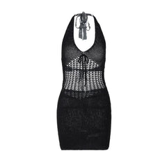 Halter hollow out self tie backless cut out mini dress