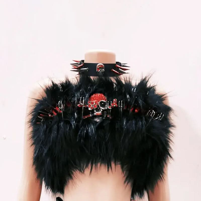 Skull applique fluffy rivet o ring leg warmer top