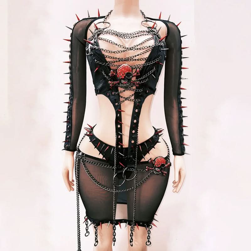 Long sleeve rivet metal chain skull applique o ring top