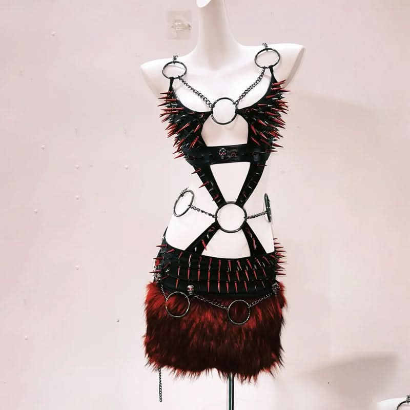 Rivet o ring hollow out fluffy cami mini skirt set