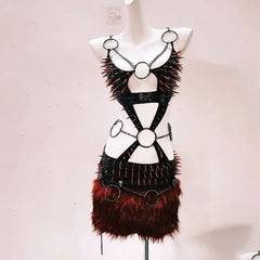 Rivet o ring hollow out fluffy cami mini skirt set