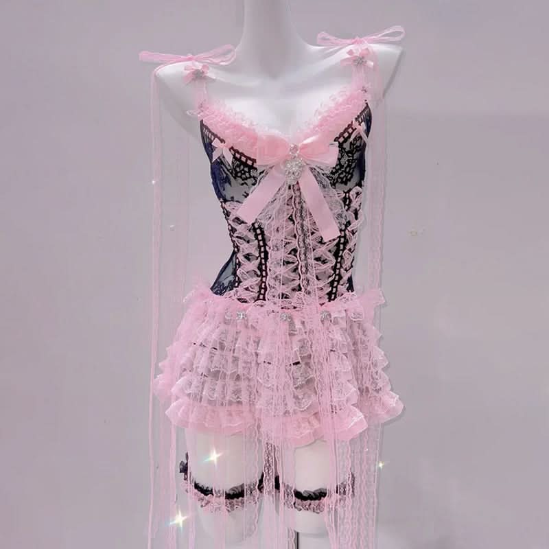Bowknot lace hem ruffle v neck cami mini dress