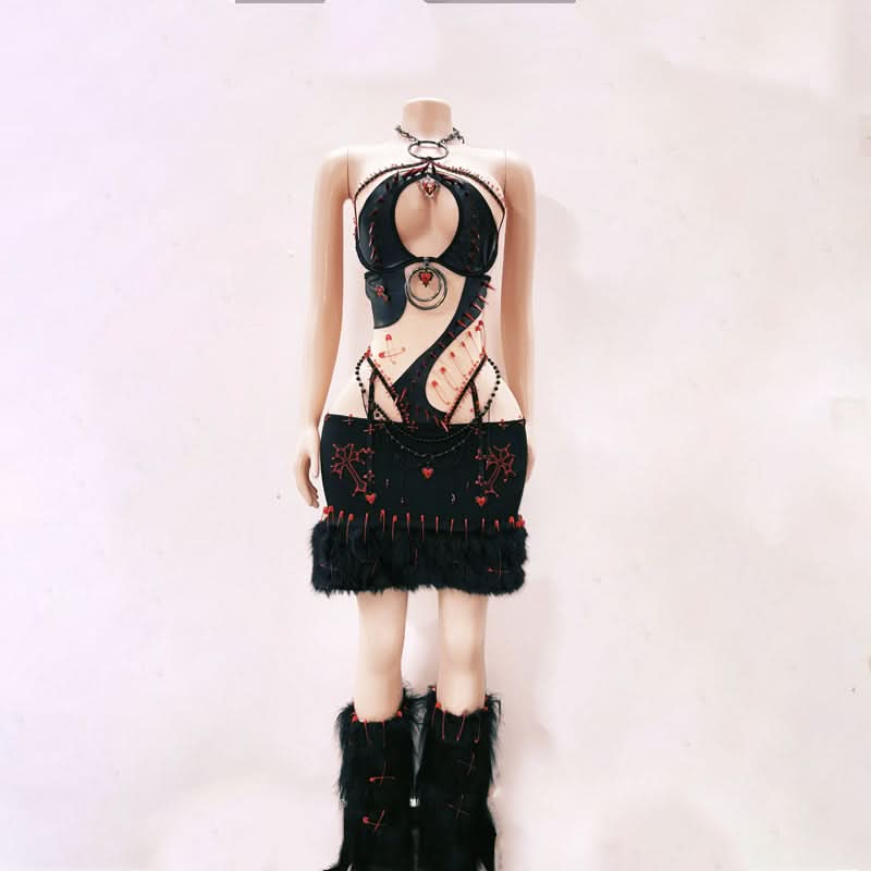 Halter hollow out beaded sweetheart applique mini skirt set