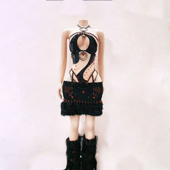 Halter hollow out beaded sweetheart applique mini skirt set