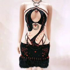 Halter hollow out beaded sweetheart applique mini skirt set