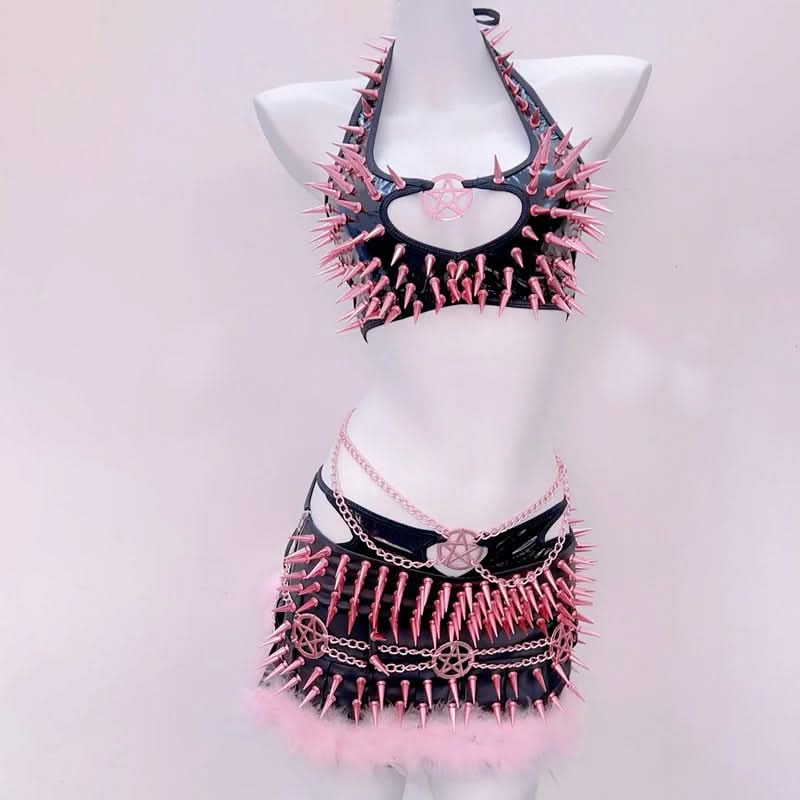 Halter rivet hollow out metal chain mini skirt set