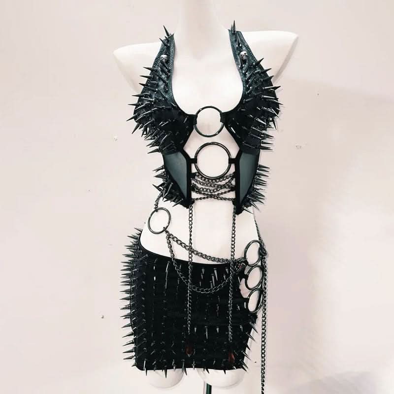 Metal chain o ring rivet applique mini skirt set