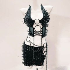 Metal chain o ring rivet applique mini skirt set