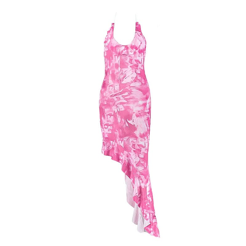 Self tie halter irregular u neck print midi dress