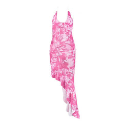 Self tie halter irregular u neck print midi dress