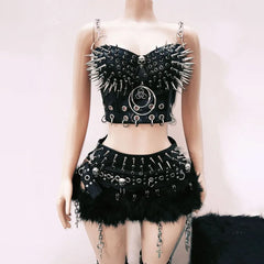 Hollow out o ring v neck rivet applique cut out top
