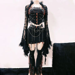 Long sleeve metal chain rivet applique mini skirt set