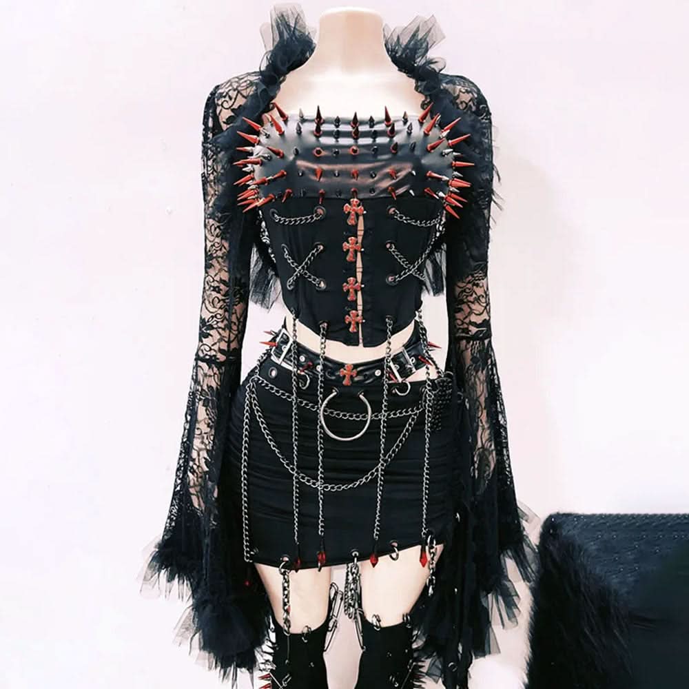 Long sleeve metal chain rivet applique mini skirt set
