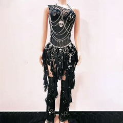 Metal chain ruffle irregular skull applique mini dress
