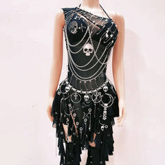 Metal chain ruffle irregular skull applique mini dress