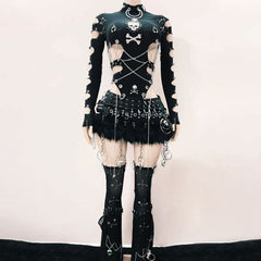 Long sleeve hollow out metal chain skull applique cut out top