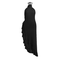 Ruffle irregular flower applique halter slit midi dress