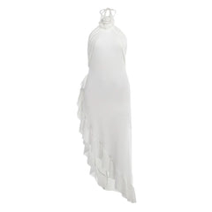 Ruffle irregular flower applique halter slit midi dress