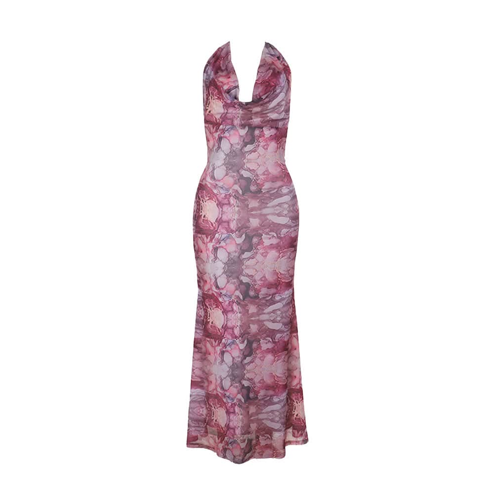 Cowl neck halter self tie print mesh maxi dress