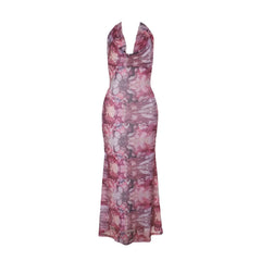 Cowl neck halter self tie print mesh maxi dress