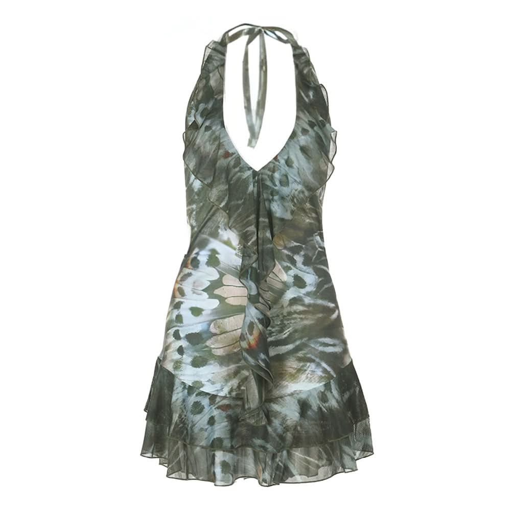 Halter self tie v neck print ruffle mini dress