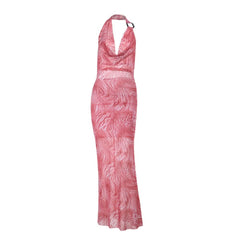 Leopard print cowl neck halter mesh maxi dress