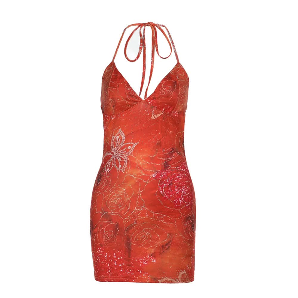 Self tie halter v neck print backless mini dress