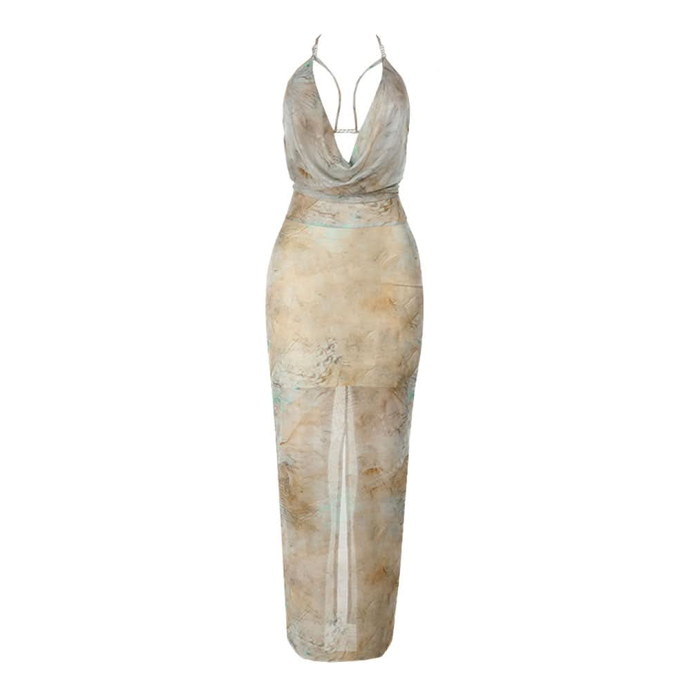 Halter cowl neck beaded slit print maxi dress