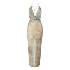 Halter cowl neck beaded slit print maxi dress
