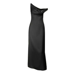 One shoulder irregular satin zip-up maxi dress