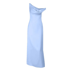 One shoulder irregular satin zip-up maxi dress