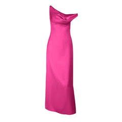 One shoulder irregular satin zip-up maxi dress