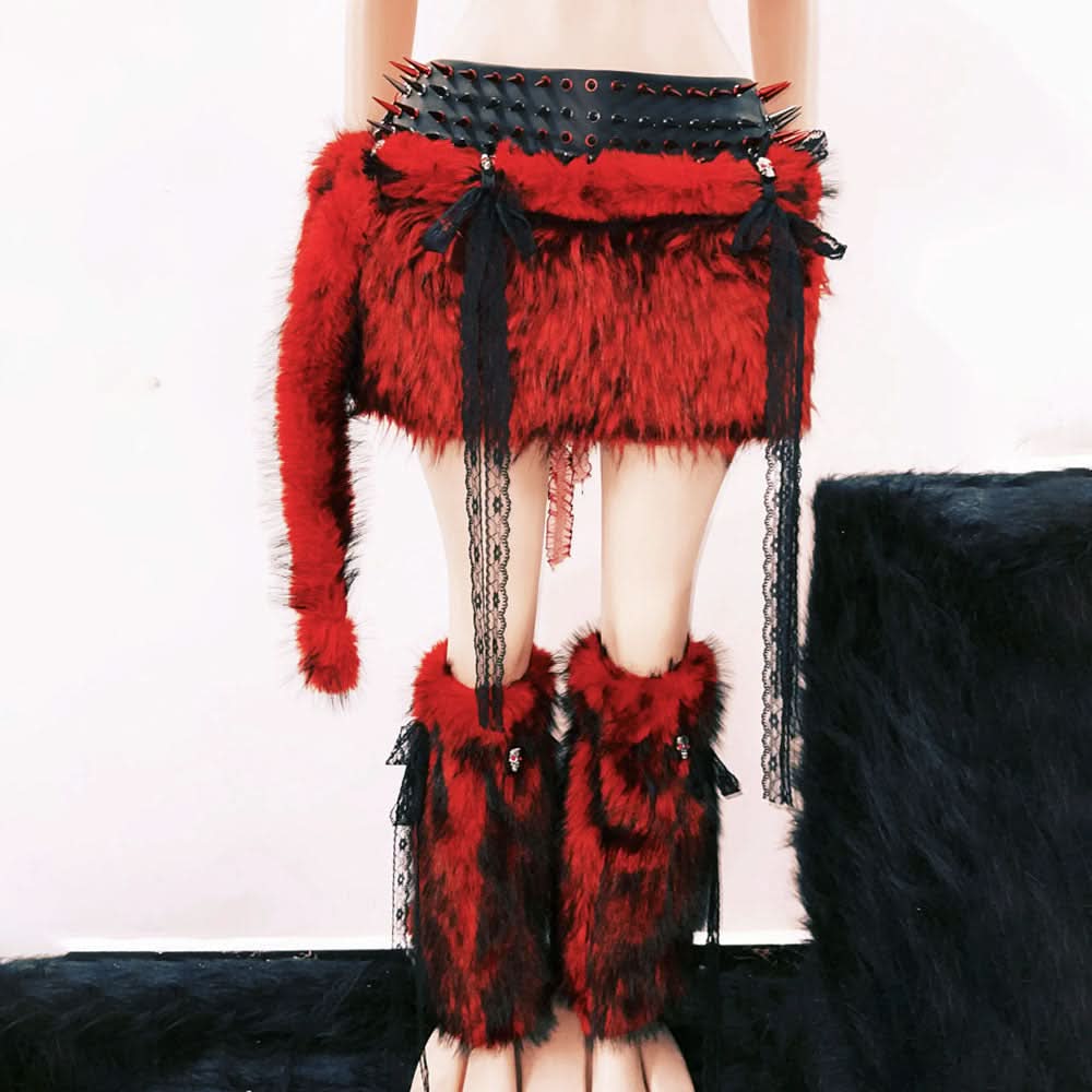 Fluffy rivet applique A line belt mini skirt