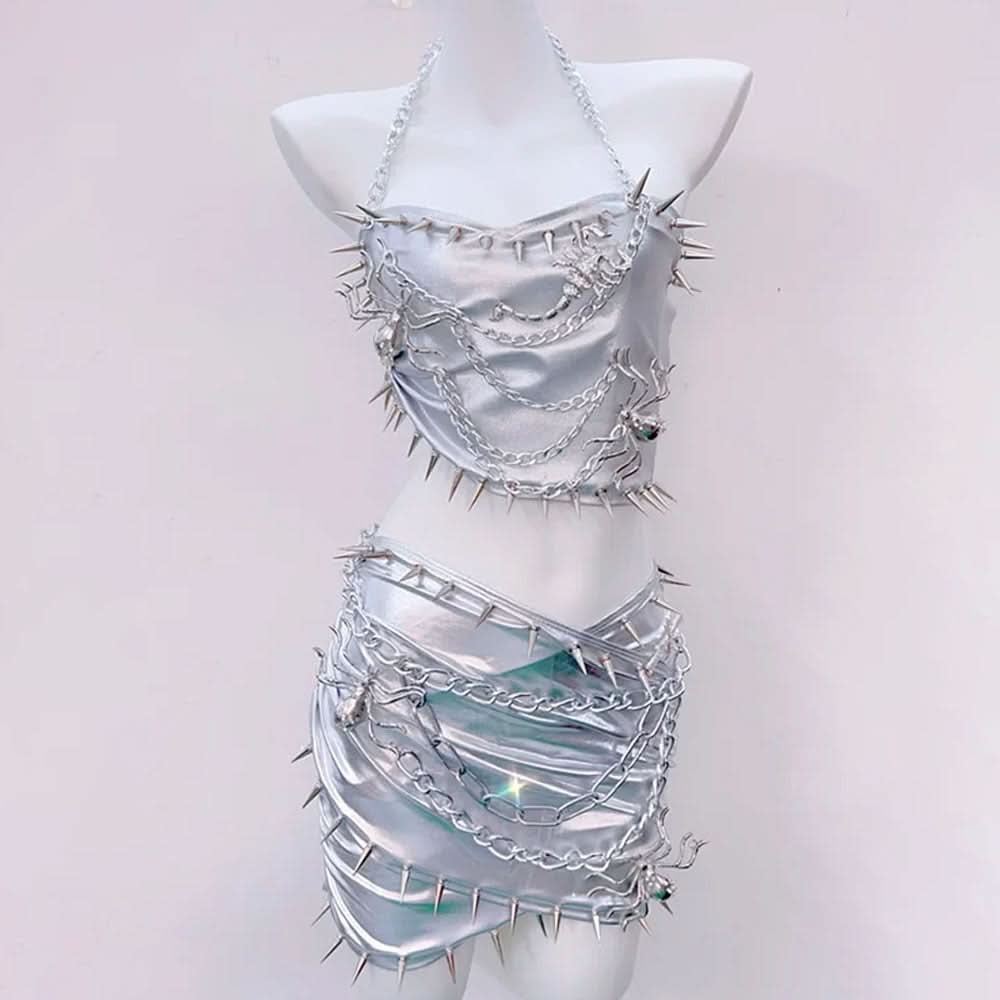 Metal chain halter rivet applique metallic mini skirt set